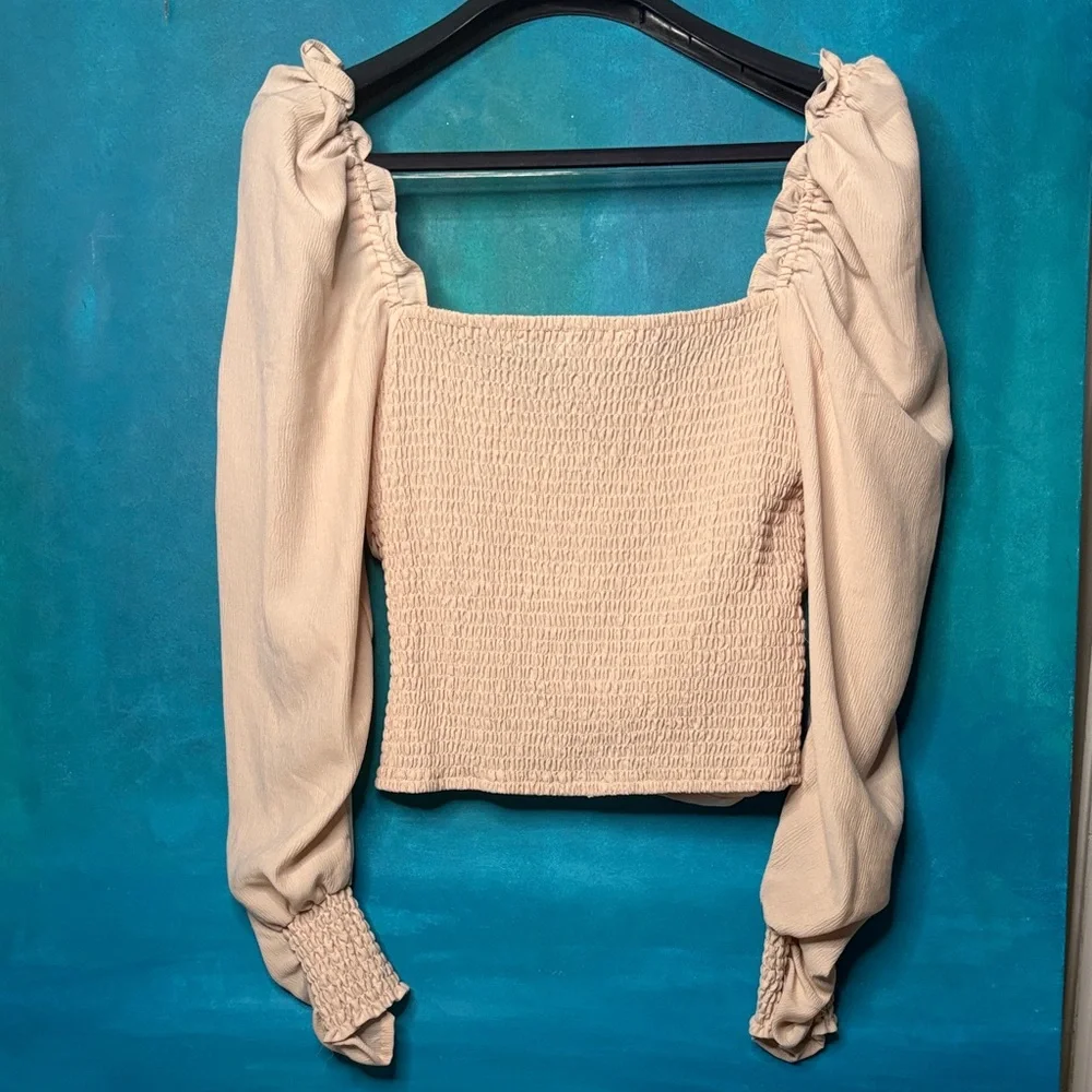 ASTR Square Neck Puff Sleeve Long Sleeve Top Blush Pale Pink Ruched Shirt